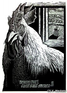 black and white woodcut of broiler cock inside. Outside window an axe embedded in stump is visible
