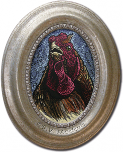 hand-colored block print of Wyandotte rooster in oval frame