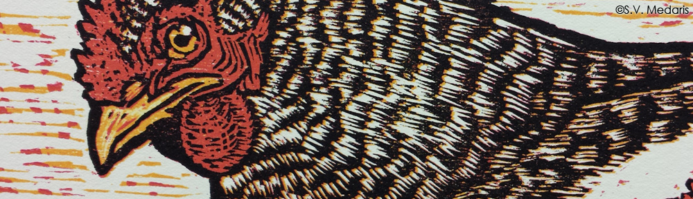 close-up of reduction block print of barred rock hen