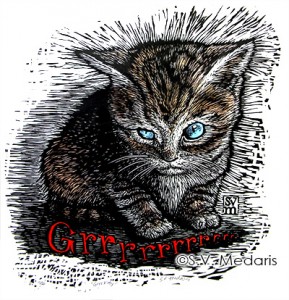 blockprint of ferocious kitten with text "Grrrrrr"