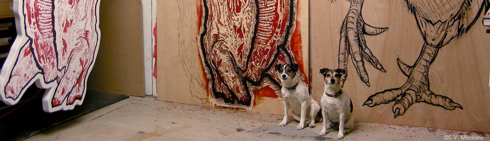 8ft woodcuts and little tri-colored terrier dogs