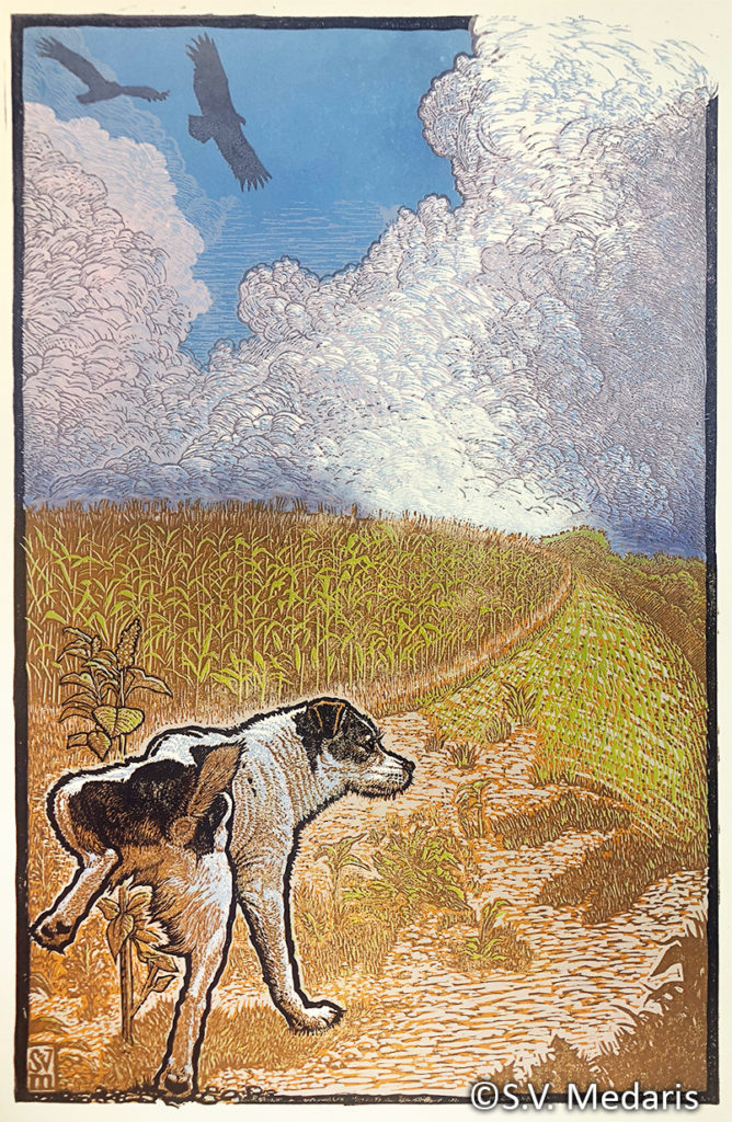 'The Last Mark' by S.V. Medaris: a reduction linocut featuring a dog peeing on a plant, path ahead leads around to horizon and up into clouds and out of the frame